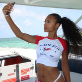 Women's letter flag graphic ruched T-shirt and matching shorts set.